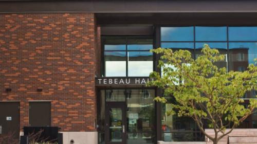 Front entrance of Tebeau hall with view of the disability accessible doorways